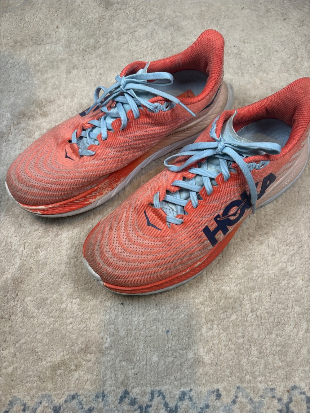 Hoka Women's Mach 5 Coral and Light Blue Athletic Running Shoes